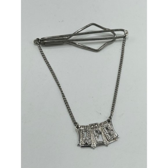 Vintage Tie Bar with Chain Dangling Monogram WFB Sterling Silver & Marcasites - Picture 2 of 9